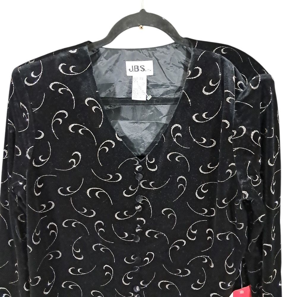 Vintage J.B.S. LTD Black Velvet‎ Silver Sparkle Swing Jacket Size Large Buttoned - Picture 3 of 10